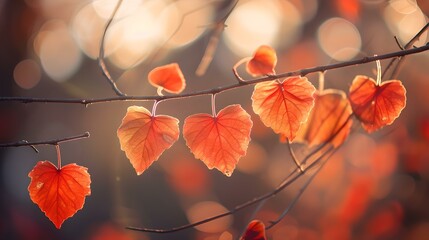 Poster - Autumn leaves hanging on a branch with sunset light. nature's beauty in a warm, serene setting. perfect for seasonal themes. AI