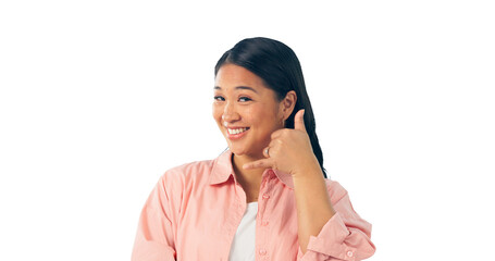 Sticker - Call me, smile and portrait of woman with hand signal for communication, chat or telephone conversation. Happy, asian model and phone gesture for contact on isolated, transparent and png background