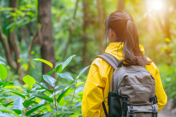 Wall Mural - Back view of young girl in a yellow raincoat and with backpack walks in the forest in sunny weather. Active healthy lifestyle.