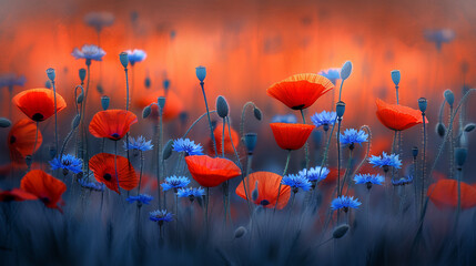 Wall Mural - A field with red poppy and blue cornflowers in sunset light. Natural banner.