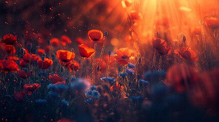Wall Mural - Field with red poppy and blue cornflowers at golden hour. Natural summer banner.