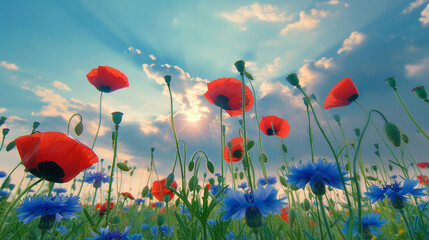 Wall Mural - Field with red poppy and blue cornflowers against blue sky.