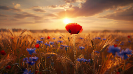 Wall Mural - Wheat field with red poppies and blue cornflowers. Nature banner.