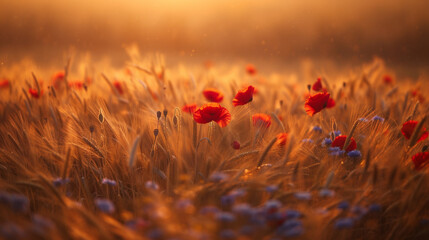 Wall Mural - Wheat field with red poppies and blue cornflowers in golden sunset light. Nature banner.
