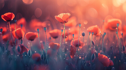 Wall Mural - Summer meadow with blooming red poppies on a blurred background.