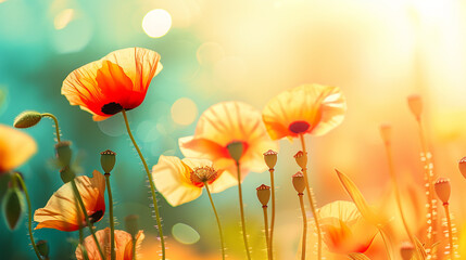 Wall Mural - Beautiful orange poppies blooming on a field.