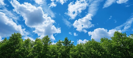 Poster - A natural landscape with lush trees set against an electric blue sky dotted with fluffy cumulus clouds, creating a peaceful and serene scene