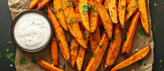 Delicious freshly baked sweet potato fries served with a side of creamy ranch sauce