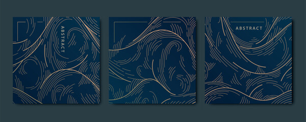 Vector set of gold wave patterns, abstract line design. Modern curve graphic, premium texture cards. Package, presentation, covers