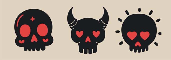 Set of cute creepy skulls in different designs. Vector elements for flash tattoos and stickers.