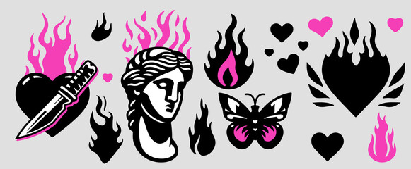 Aufkleber - Trendy gothic style stickers with fire flames, hearts, butterfly and plaster head. Set of vector illustrations in Y2K tattoo style.