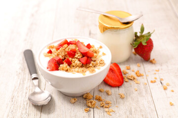 Poster - granola with nuts, strawberry and yogurt in a bowl- breakfast, health food