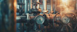 A warm-toned industrial symphony, pressure gauges perched on a maze of aged metal pipes, poised in a mechanical ballet.