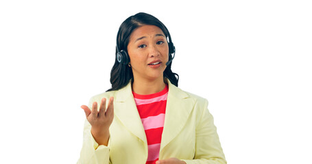 Poster - Customer support, business and portrait of Asian woman for consulting service, contact and communication. Call center, telemarketing and person talking on isolated, png and transparent background
