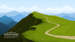© i_mARTy - A trail on top of a mountain. High rock, cliff. A panoramic view of the mountain ranges. Hiking, tourism, active recreation. Mountain landscape, summer scenery. Vector illustration.