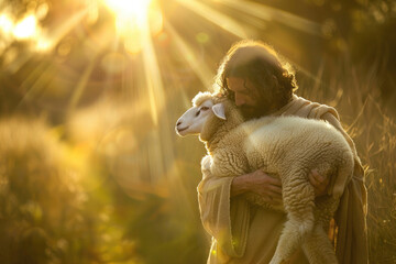 Wall Mural - Jesus recovered lost sheep carrying it in his arms
