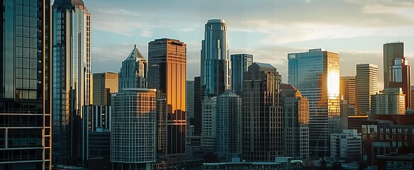 Wall Mural - Stunning cityscape unfolds under hues of setting sun towering skyscrapers and modern buildings define skyline heart of city beats in business district