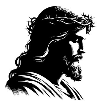 Jesus Christ with the crown of thorns monochrome clip art. Flat vector illustration