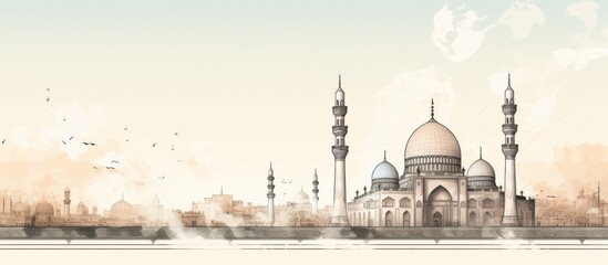 Wall Mural - Eid mubarak background design with detailed sketch of mosque
