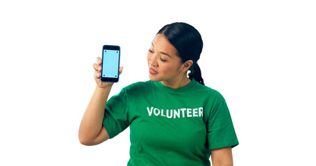 Poster - Woman, volunteer and phone screen of tracking marking, isolated and png background. Female person, mobile and transparent for nonprofit, ngo and presentation for organisation or charity promotion