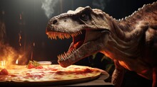 Portrait Of A Dinosaur, Velociraptor T Rex Wit Pizza