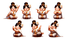 Character Sheet With A Series Of Seven Illustrations Depicting A Chubby  Girl In Traditional Thai Attire