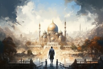 Wall Mural - Muslim man standing in front of mosque