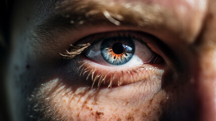 Poster - Close-up of a man's eye reflecting life experiences, introspection, wisdom, Ultra Realistic, National Geographic, 