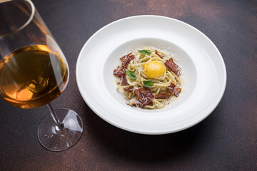 Wall Mural - Spaghetti Carbonara with bacon, parmesan cheese and egg