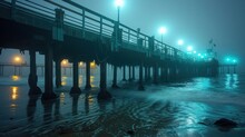 fog-covered piers accented by soothing teal lights, creating a serene and atmospheric seascape
