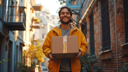 Smiling Male Delivery Worker Holding Cardboard Box in Uniform, Carrying Package for Shipment