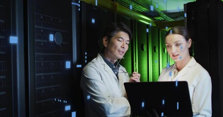 Poster - Animation of circuit board and data processing over diverse it engineers by computer servers