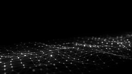 Poster - Dark cyberspace in digital background. Abstract technology wave with motion dots and lines. Connection big data. Futuristic wireframe texture. Analysis a network connection. 3D rendering.