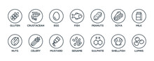 Simple Isolated Vector Logo Set Badge Ingredient Warning Label. Black And White Allergens Icons. Food Intolerance. The 14 Allergens Required To Declare Written In English