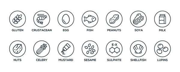 simple isolated vector logo set badge ingredient warning label. black and white allergens icons. foo