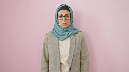 Wall Mural - Depressed middle age hispanic woman in hijab crying over life's stress, showcasing sad expression, isolated over pink background