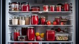 Fototapeta Kuchnia - Red food on the shelves of the fridge