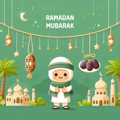 Wall Mural - Ramadan Mubarak card hanging on the string, greeting Ramadan card & social media ads poster green background  Vector Illustration Background with space for copy created with generative ai