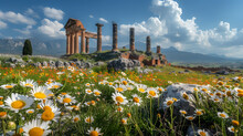 A Captivating Image Of Flowers Reclaiming Ancient Ruins, Portraying The Enduring Force Of Nature And The Perpetual Cycle Of Creation And Rebirth.