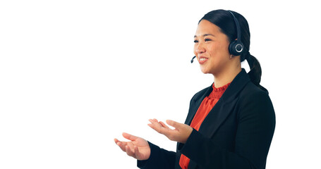 Poster - Customer support, business and happy Asian woman for consulting service, contact and communication. Call center, telemarketing and person with headset on isolated, png and transparent background
