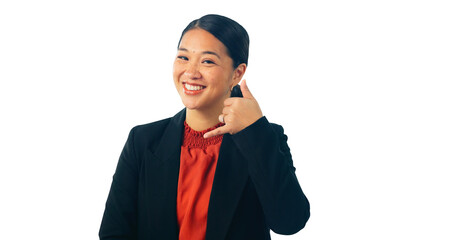 Wall Mural - Business woman, portrait and call me gesture for communication, promotion or connection. Asian person, face and hand for about us chat on isolate transparent png background, conversation or emoji