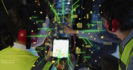 Poster - Animation of circuit board and data processing over diverse it engineers by computer servers