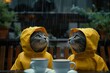 Katzen im gelben Regenmantel sitzen in einem Cafe oder Bistro und warten darauf, dass der Regen aufhört.  