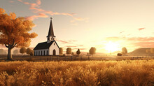 In Serene Fields, A Quaint Church Cradled By Tranquility; Sunset's Brush Strokes Adorn The Countryside, Weaving Hues Of Serenity, Whispers Echoing Timeless Peace
