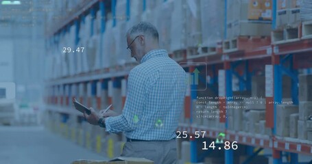 Poster - Animation of eco icons and data processing over caucasian man working in warehouse