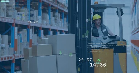 Poster - Animation of eco icons and data processing over caucasian man working in warehouse