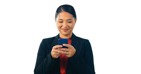 Poster - Asian lawyer woman, smartphone and smile by isolated, transparent and png background to read or text client. Japanese advocate, attorney and corporate legal expert with phone, typing and networking