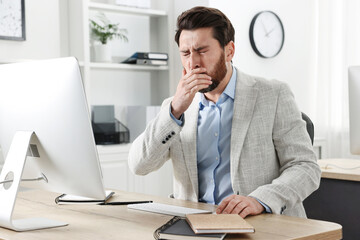 Sticker - Sick man coughing at workplace in office. Cold symptoms