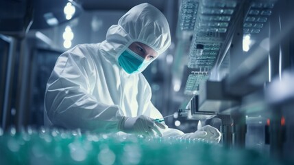 Poster - Close-up of a researcher, a pharmacist wearing a protective suit, working on the manufacture of tablets in sterile conditions in a modern pharmaceutical factory.