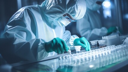 Poster - Close-up of pharmacists wearing protective suits, working on the manufacture of tablets in sterile conditions in a modern pharmaceutical factory.